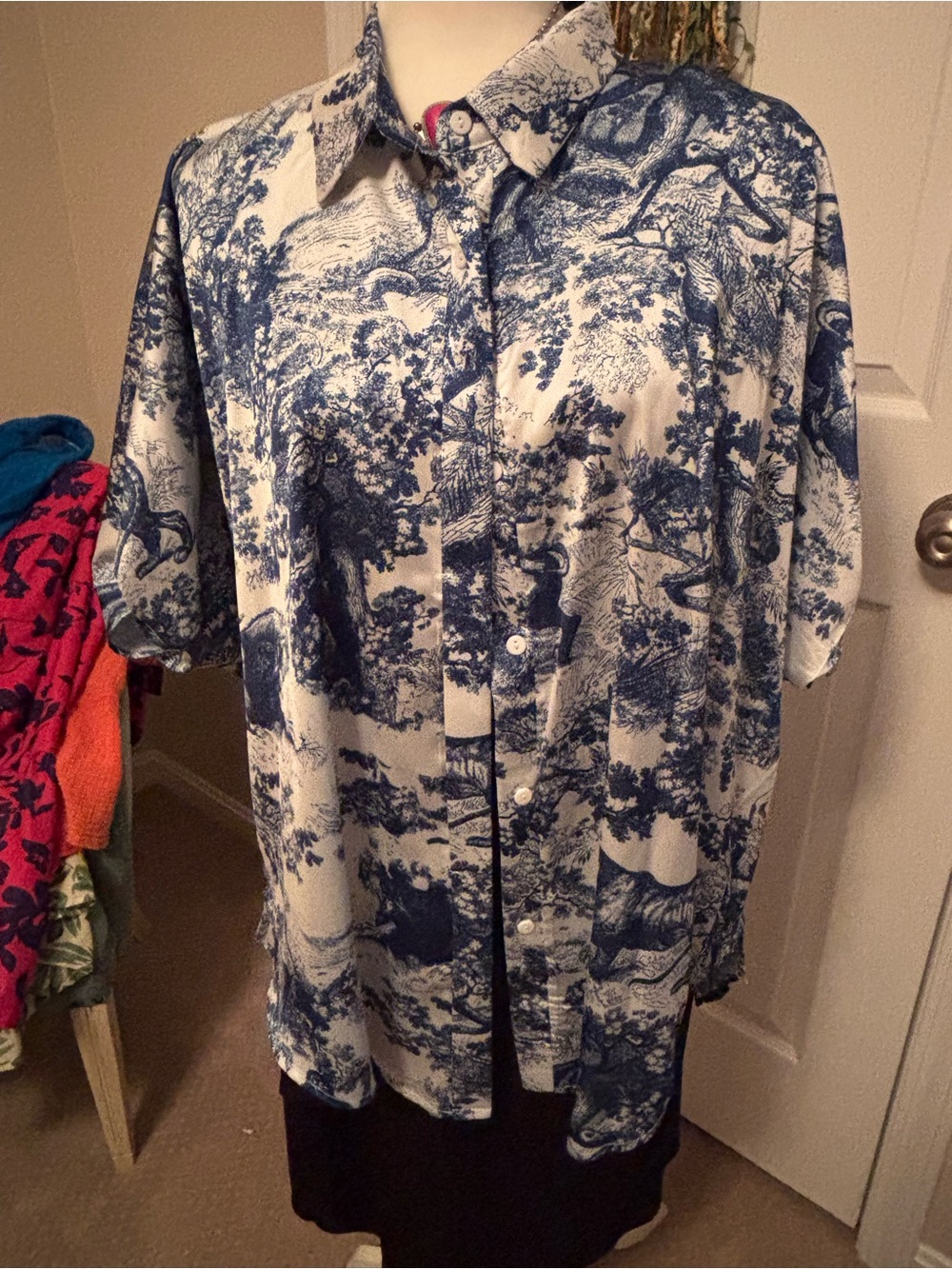Umgee Blue and White Scenic Print Short Sleeve Button-Down Shirt